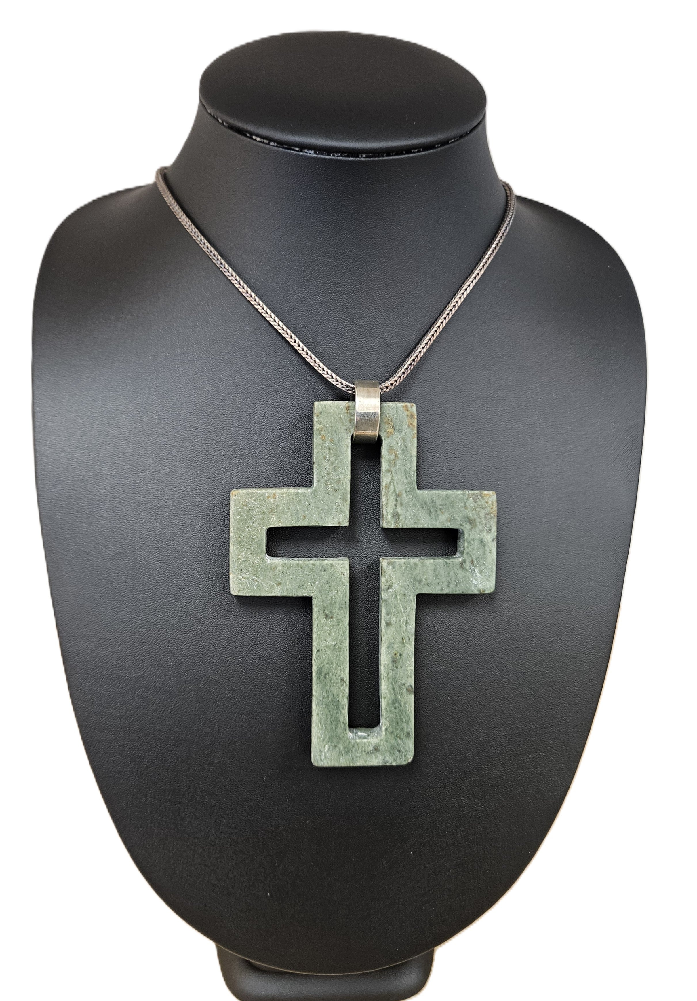 Kokopu jade crucifix with burnished sterling silver chain